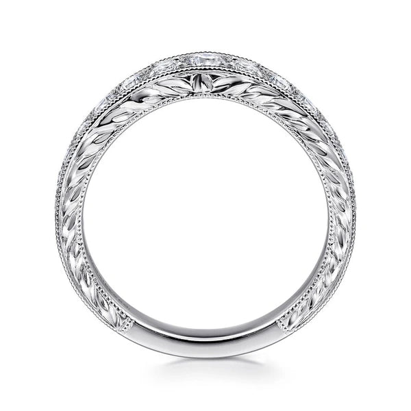 Vintage Inspired 14K White Gold Curved Channel Set Diamond Wedding Band with Engraving