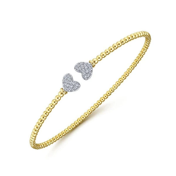 14K Yellow Gold Bujukan Split Cuff Bracelet with White Gold e Diamond Hearts