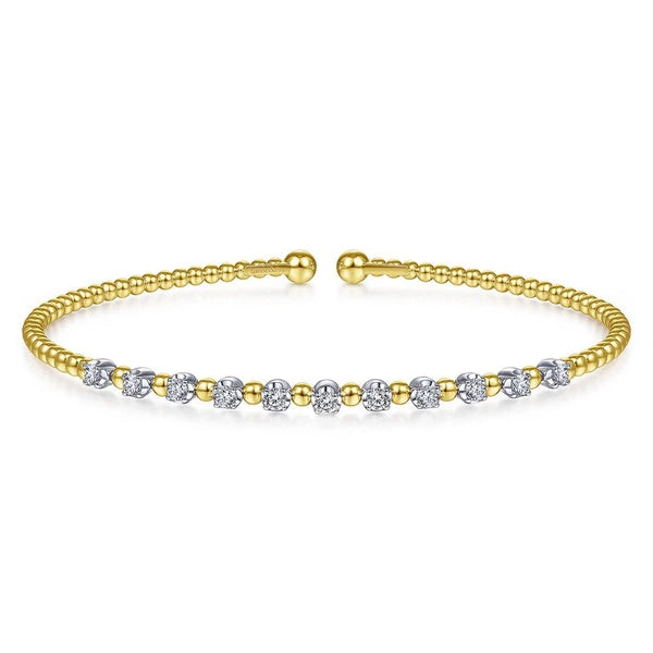 14K Yellow Gold Bujukan Bead Split Cuff Bracelet with Round White Gold Diamond Stations