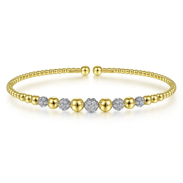 14K Yellow-White Gold Bujukan Bead Cuff Bracelet with e Diamond Stations