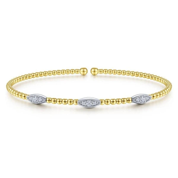 14K White-Yellow Gold Bujukan Bead Cuff Bracelet with Diamond Filled Marquise Stations
