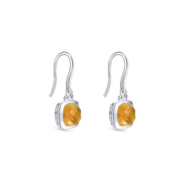 925 Sterling Silver Cushion Citrine Drop Earrings