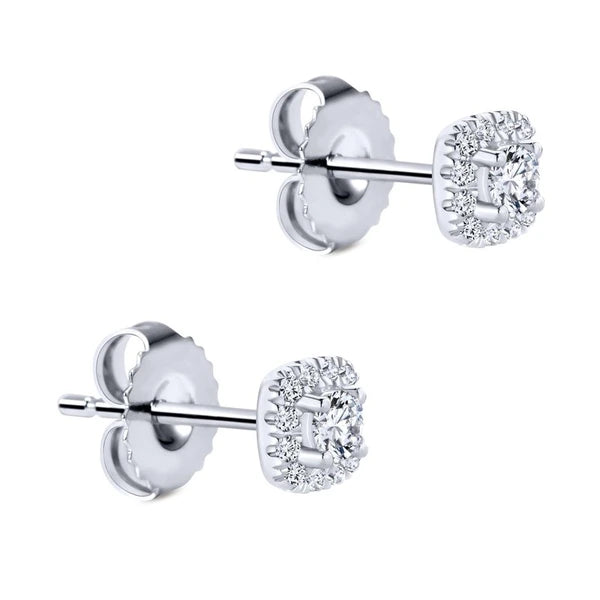 14K White Gold Cushion Halo Round Diamond Stud Earrings