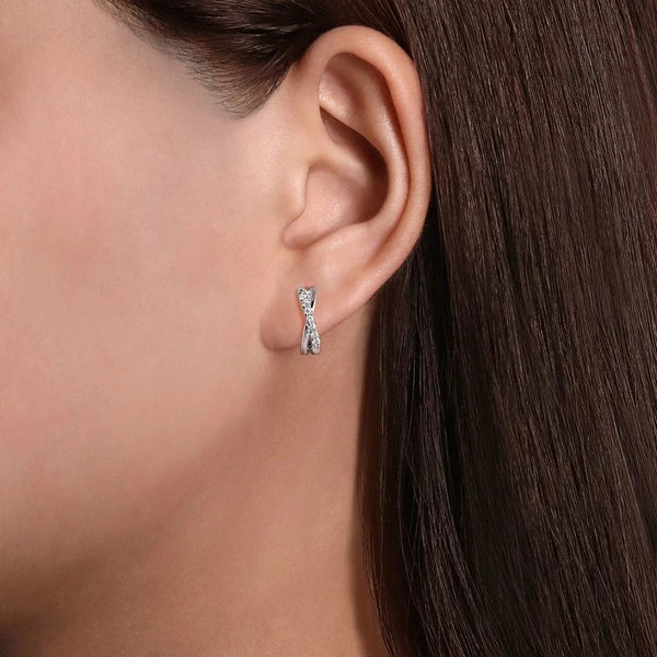 14K White Gold Twisted 15mm Diamond Huggie Earrings