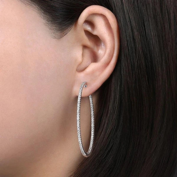 14K White Gold French e 50mm Round Inside Out Diamond Hoop Earrings