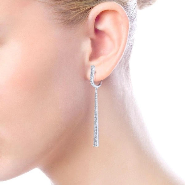 18K White Gold Long Diamond Bar Huggies