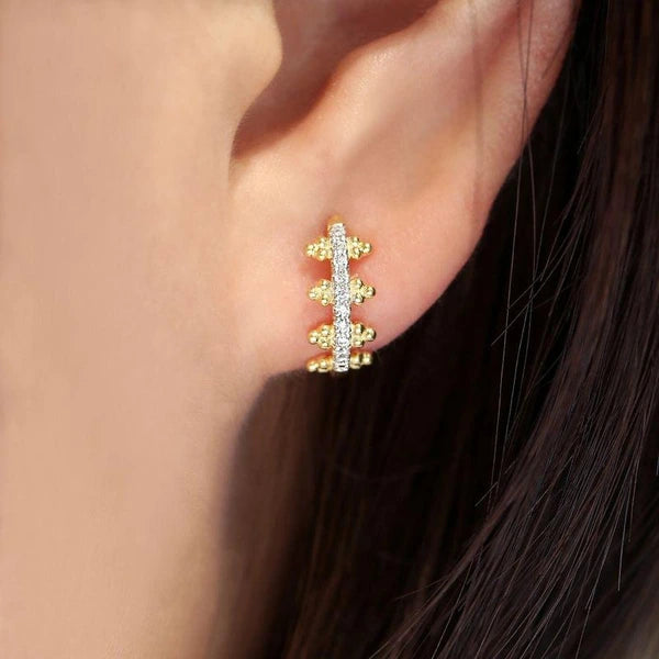 14K Yellow Gold Beaded e 10mm Diamond Huggies