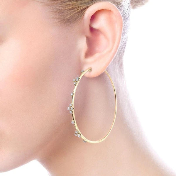 14K Yellow Gold Prong Set 60mm Round Classic Diamond Hoop Earrings