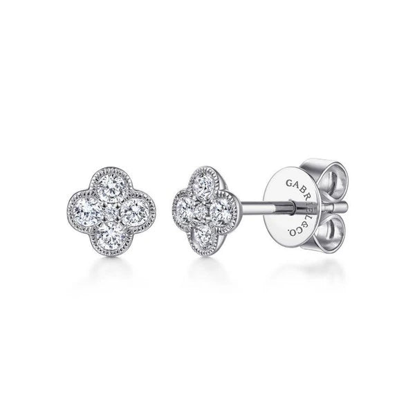 14K White Gold Diamond Flower Stud Earrings