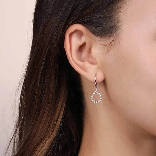 14K White Gold Open Circle Diamond Drop Earrings