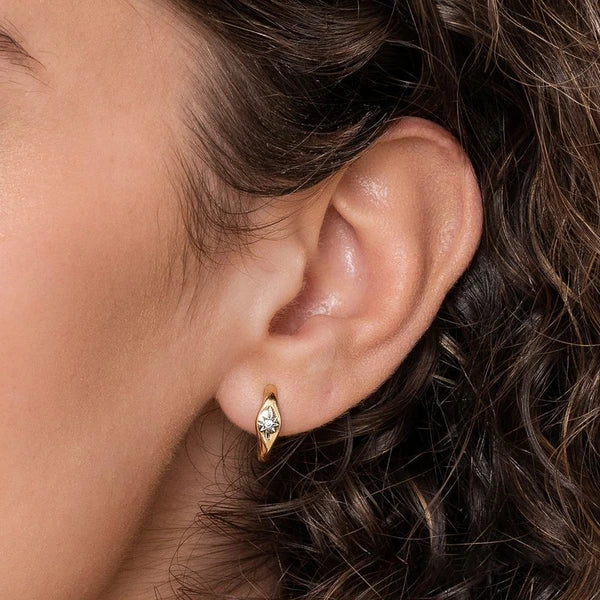14K Yellow Gold Diamond Huggie Earrings