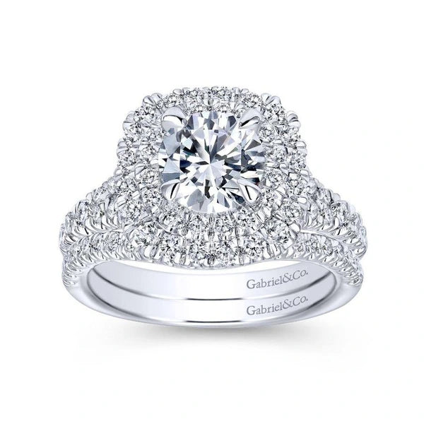 14k White Gold Cushion Double Halo Round Diamond Engagement Ring