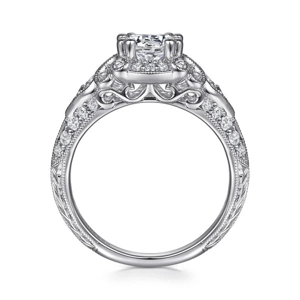 Vintage Inspired 14K White Gold Fancy Halo Round Diamond Engagement Ring