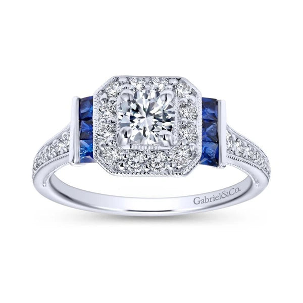 Vintage 14K White Gold Round Halo Sapphire and Diamond Engagement Ring