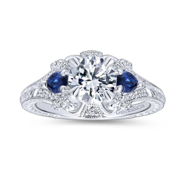 14K White Gold Round Sapphire and Diamond Engagement Ring