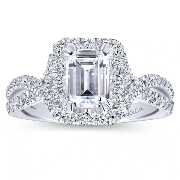 14K White Gold Halo Emerald Cut Diamond Engagement Ring