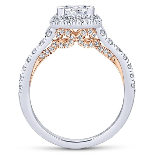 14K White-Rose Gold Princess Halo Diamond Engagement Ring