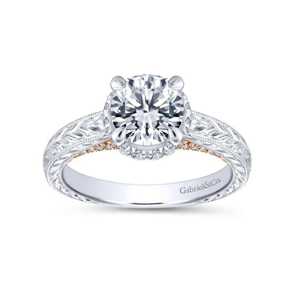 14K White-Rose Gold Hidden Halo Round Diamond Engagement Ring