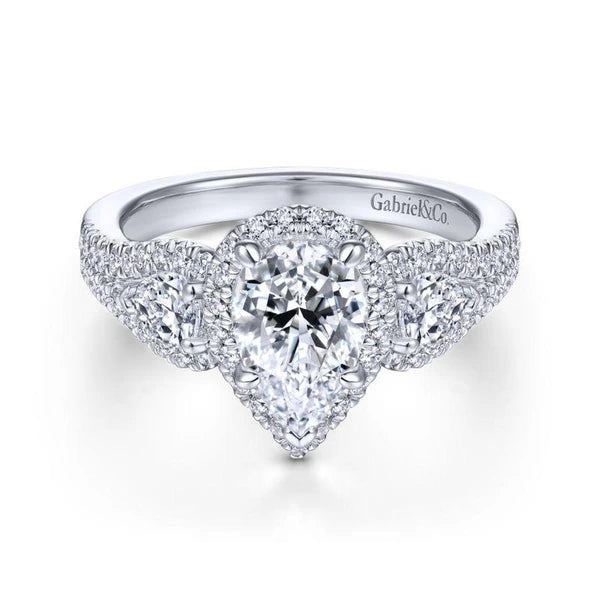 14K White Gold Pear Shape Three Stone Halo Diamond Engagement Ring