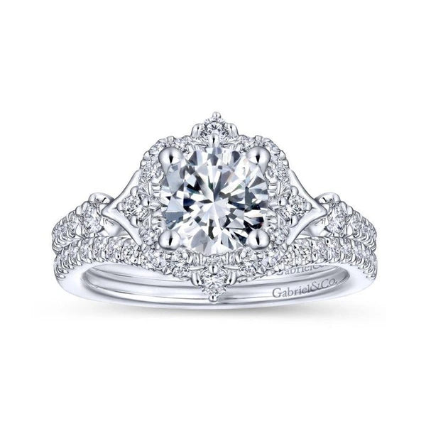 Unique 14K White Gold Vintage Inspired Halo Diamond Engagement Ring