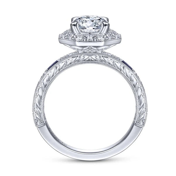 Art Deco 14K White Gold Octagonal Halo Round Sapphire and Diamond Engagement Ring