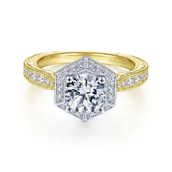 Art Deco 14K White-Yellow Gold Hexagonal Halo Round Diamond Engagement Ring