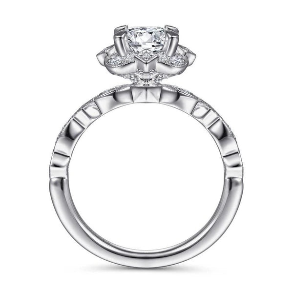 Vintage Inspired 14K White Gold Fancy Halo Round Diamond Engagement Ring