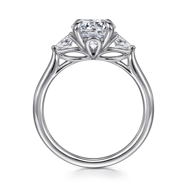 14K White Gold Three Stone Round Lotus Diamond Engagement Ring