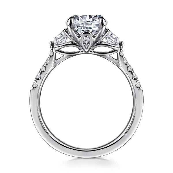 14K White Gold Round Three Stone Lotus Diamond Engagement Ring