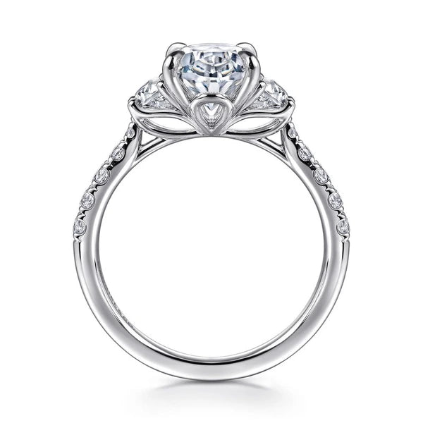 14K White Gold Oval Three Stone Lotus Diamond Engagement Ring