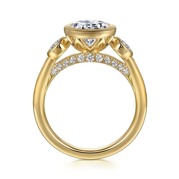 14K Yellow Gold Round Three Stone Bezel Set Diamond Engagement Ring