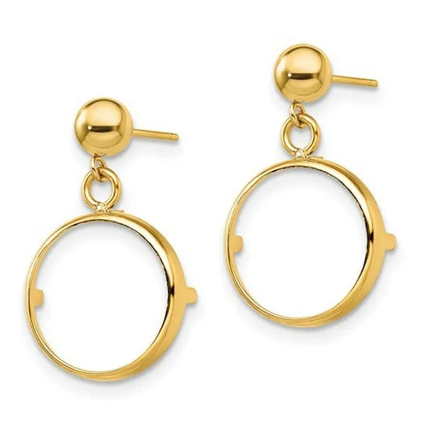 14k Classic Prong Coin Bezel Post Dangle Earrings