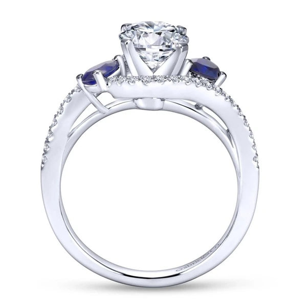 14K White Gold Round Three Stone Sapphire and Diamond Engagement Ring