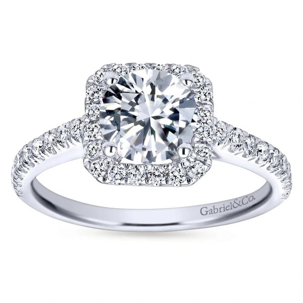 14K White Gold Cushion Halo Round Diamond Engagement Ring