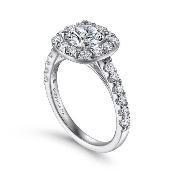 14K White Gold Cushion Halo Round Diamond Engagement Ring
