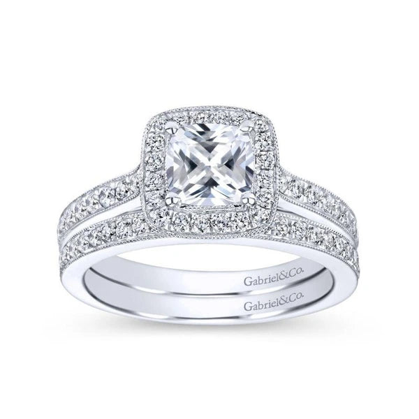 Vintage Inspired 14K White Gold Cushion Halo Diamond Engagement Ring