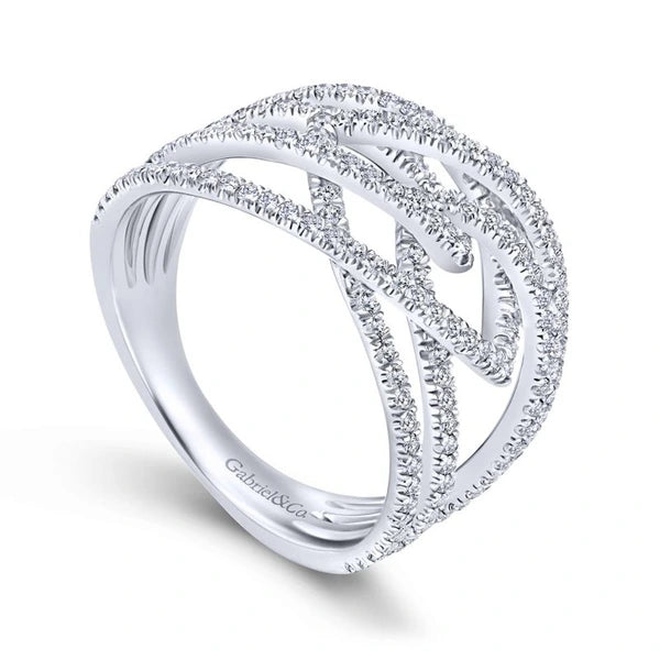 14K White Gold Wide Band Split Shank Pavé Diamond Ring