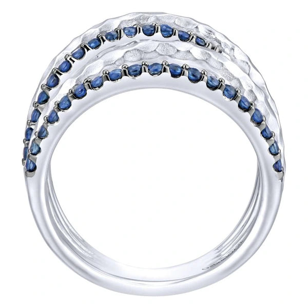 925 Sterling Silver Hammered Wide Band Sapphire Layered Ring