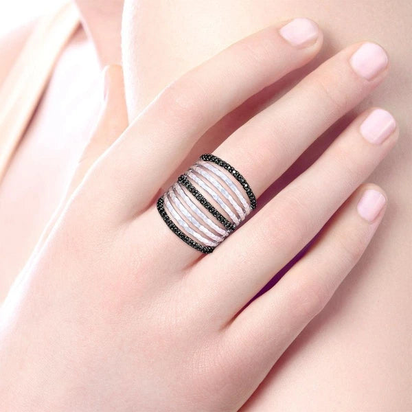 925 Sterling Silver Hammered Black Spinel Layered Wide Band Ring