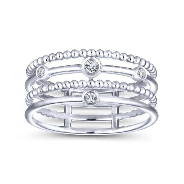 14K White Gold Bezel Set Diamond Station Layered Ring