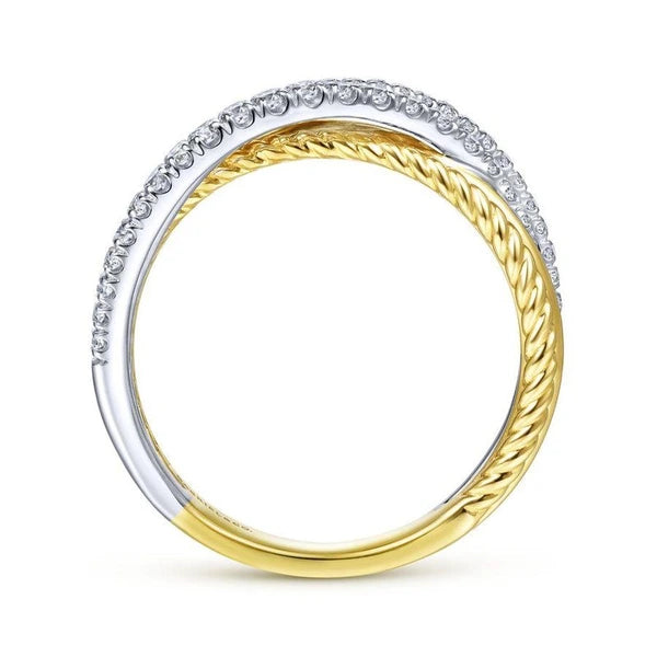 14K White-Yellow Gold Twisted Rope and Diamond Criss Cross Ring