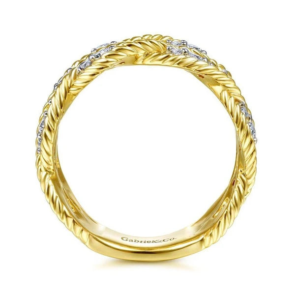 14K Yellow Gold Twisted Braided Diamond Wide Band Ring