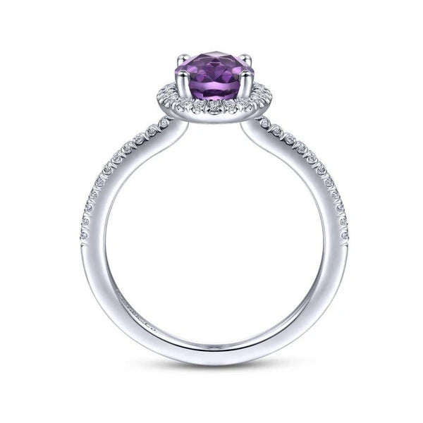 14K White Gold Oval Amethyst and Diamond Halo Ring
