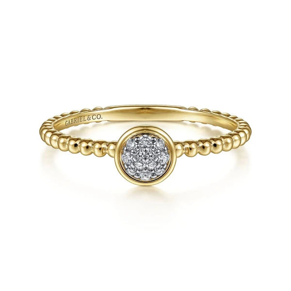 14K Yellow Gold Round Bezel Set Diamond Cluster Ring with Bujukan Beaded Shank
