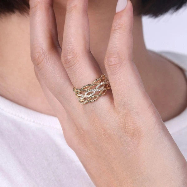 14K Yellow Gold Twisted Textured Wide Band Pave Diamond Ring