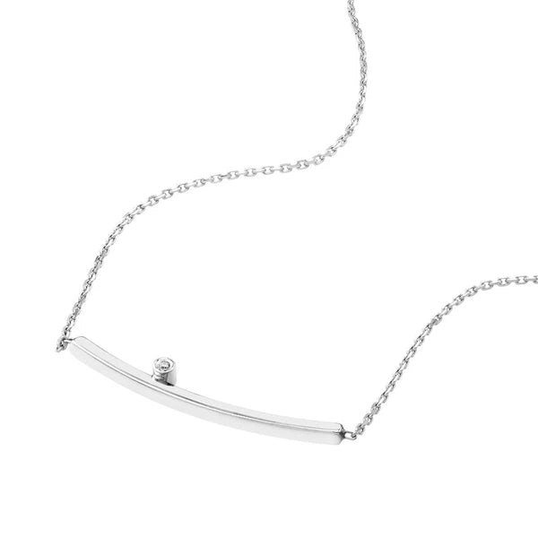 White Gold Thin Curved Bar Necklace with Diamond