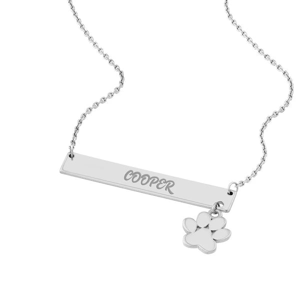 Plated Sterling Silver Engravable Bar Necklace with Paw