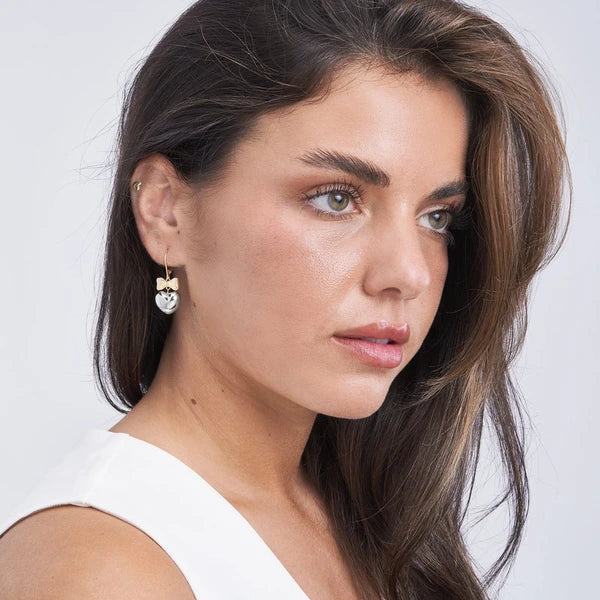 Two Tone Heart Bow Dangle Earrings