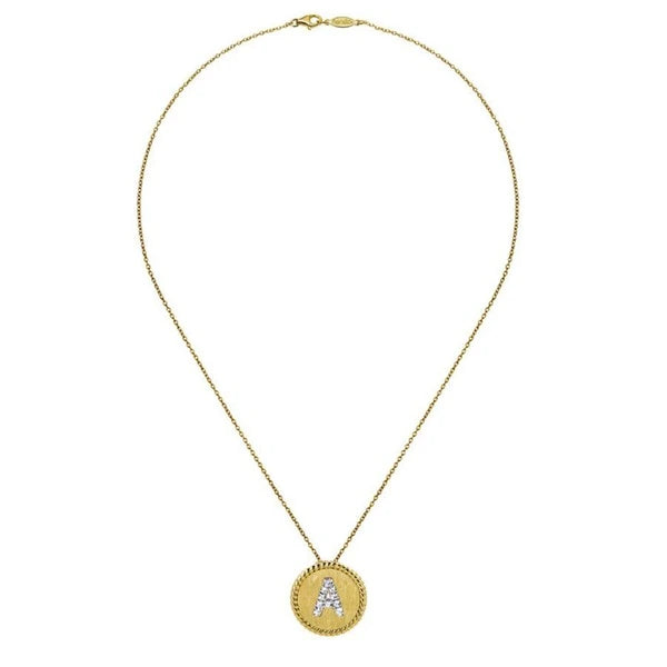 18" 14K Yellow-White Gold Round "A" Diamond Initial Pendant Necklace