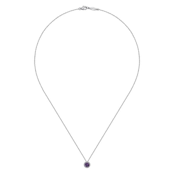 14K White Gold Amethyst and Diamond Halo Pendant Necklace